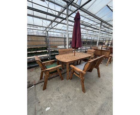AN AS NEW EX DISPLAY CHARLES TAYLOR LARGE GARDEN FURNITURE SET. TO INCLUDE ONE LARGE OVAL TABLE WITH UMBRELLA. TWO DOUBLE BEN