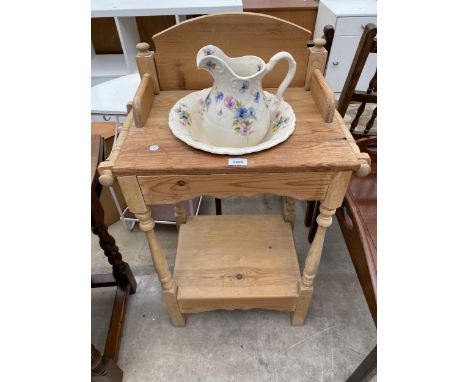 A VICTORIAN STYLE PINE WASH STAND WITH CERAMIC JUG AND BOWL