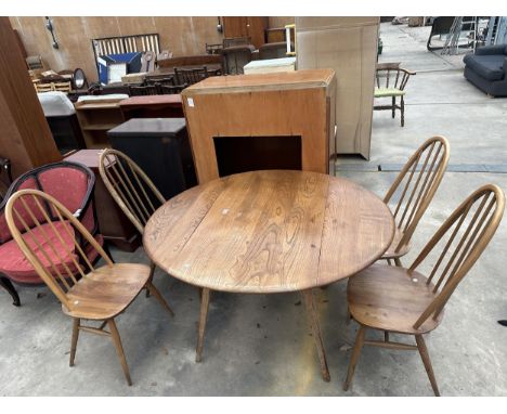 AN ERCOL BLUE LABEL ELM DROP LEAF DINING TABLE, 49" X 44" OPENED AND FOUR QUAKER DINING CHAIRS