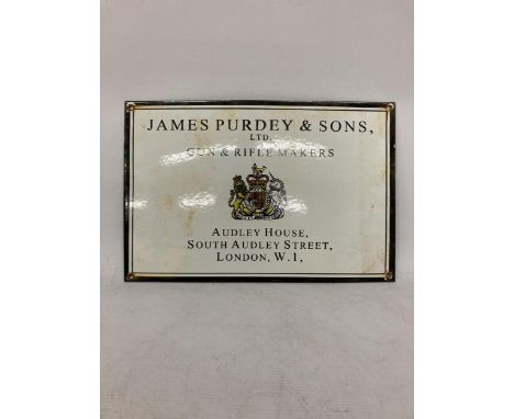 AN ENAMEL JAMES PURDEY AND SONS, LONDON SIGN, 38CM X 25CM