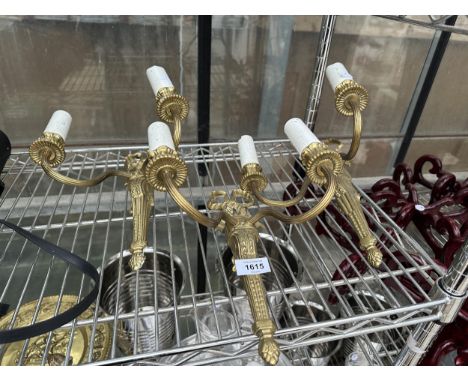 THREE TWO BRANCH BRASS WALL LIGHT FITTING
