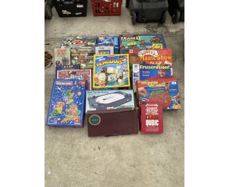 A LARGE ASSORTMENT OF BOARD GAMES TO INCLUDE WHERES WALLY, SOOTYS MAGIC SHOW, CHILLY SILLY PENGUINS, ETC
