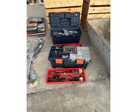 TWO TOOL BOXES WITH A LARGE ASSORTMENT OF TOOLS AND HARDWARE ETC