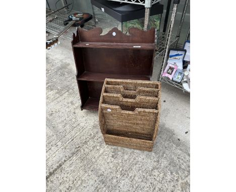 A VINTAGE MAHOGANY WALL MOUNTED SHELF AND A WHICKER MAGAZINE RACK