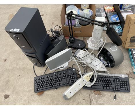 AN ASSORTMENT OF ITEMS TO INCLUDE A DOCKING STATION, AN ADJUSTABLE LAMP, AND KEYBOARDS ETC