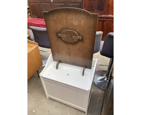 A BEDROOM STOOL/CHEST AND OAK FIRESCREEN
