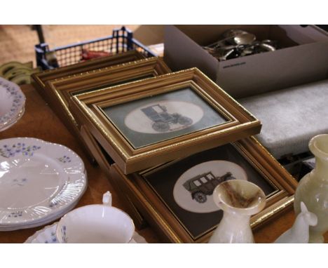 SIX NEEDLEWORK FRAMED PICTURES OF VINTAGE CARS