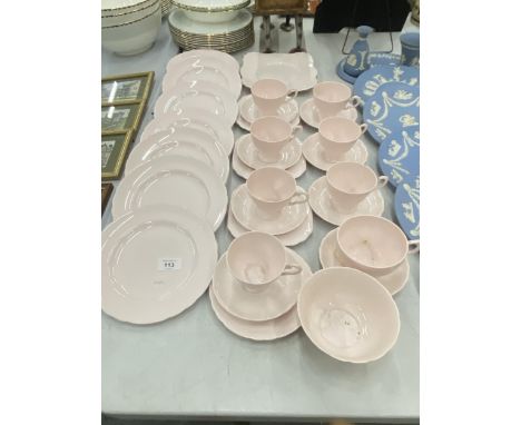 A POWDER PINK TUSCAN PLANT TEASET TO INCLUDE PLATES, CUPS, SAUCERS, CAKE PLATE, ETC,.,