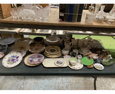 A LARGE MIXED CERAMIC LOT TO INCLUDE JUGS, A TEAPOT, PARIAN WARE STYLE JUGS, ELEPHANT FIGURES, PLATES TO INCLUDE ROYAL ALBERT