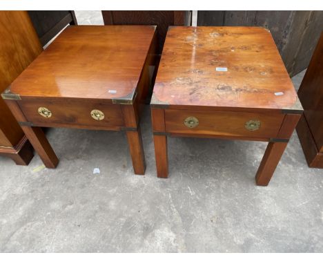 A PAIR OF YEW WOOD MILITARY CAMPAIGN STYLE BRADLEY LAMP TABLES, 23" X 18" EACH