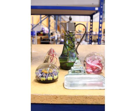 A VINTAGE IRRIDESCENT GLASS JUG WITH PEWTER TOP IN THE STYLE OF LOETZ, PLUS FIVE PAPERWEIGHTS