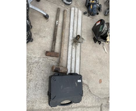 TWO SLEDGE HAMMERS, A DRILL AND A CONCRETE FLOAT