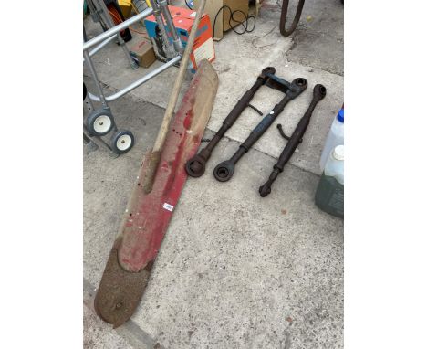 FOUR ITEMS TO INCLUDE THREE TRACTOR TOP LINK BARS AND A WOODEN PLOUGH BLADE