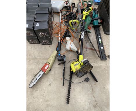 A LARGE ASSORTMENT OF ELECTRICAL GARDEN POWER TOOLS TO INCLUDE A BOSCH HEDGE TRIMMER, RYOBI STRIMMER, ETC