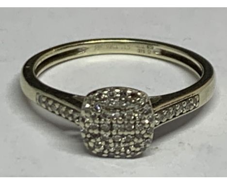 A 9 CARAT WHITE GOLD RING WITH DIAMOND C HIPSIN A CLUSTER DESIGN AND ON THE SHOULDERS SIZE K