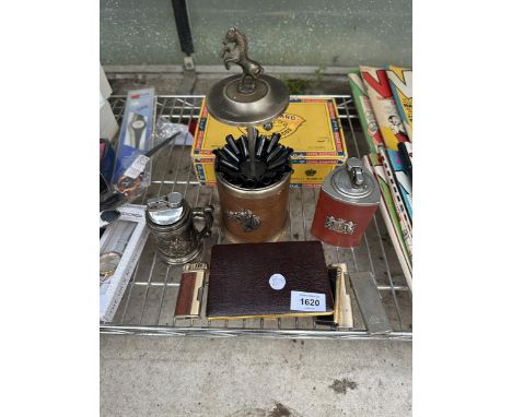 AN ASSORTMENT OF ITEMS TO INCLUDE FOUR LIGHTERS, A CIGARETTE CASE AND A KING EDWARD TOBACCOS BOX ETC