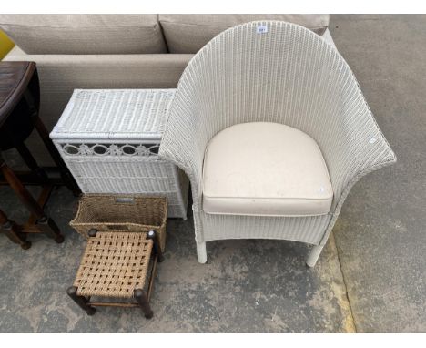 A LLOYD LOOM BEDROOM CHAIR, WICKER LINEN BASKET, MAGAZINE RACK AND A SMALL STOOL