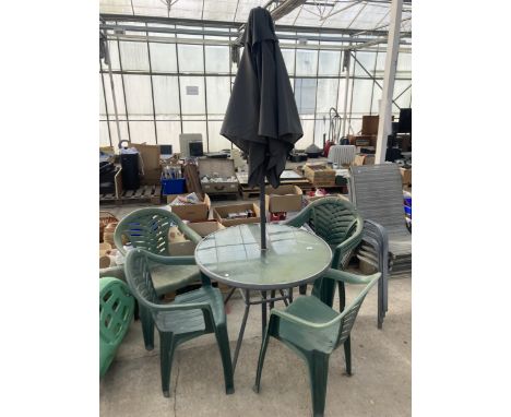 A COLLECTION OF GARDEN FURNITURE TO INCLUDE A GLASS TOPPED BISTRO TABLE WITH UMBRELLA AND SIX PLASTIC GARDEN STACKING CHAIRS