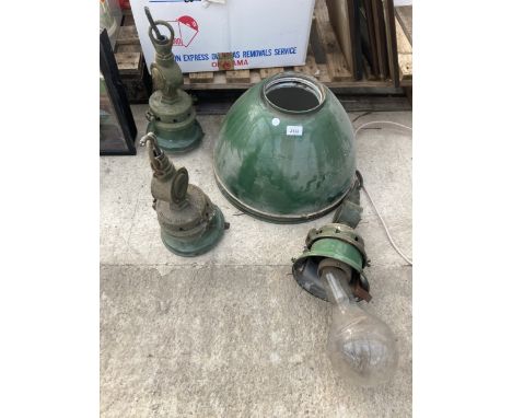 THREE VINTAGE ENAMEL LIGHT FITTINGS COMPLETE WITH ENAMEL SHADES