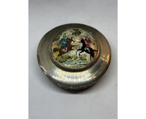 A PERSIAN HAND PAINTED MOTHER OF PEARL MIROR LIDDED TRINKET BOX
