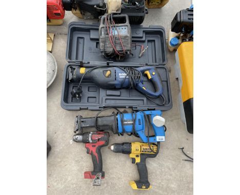 AN ASSORTMENT OF POWER TOOLS TO INCLUDE A MACALLISTER RECPRICATING SAW, A MILWAKEE DRILL AND A DEWALT DRILL ETC