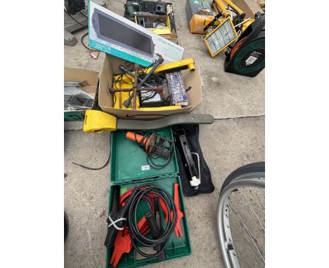 AN ASSORTMENT OF VARIOUS TOOLS AND HARDWARE TO INCLUDE A SOLAR PANEL BATTERY CHARGER, WHEEL CLAMP, STEERING LOCK , JUMP LEADS