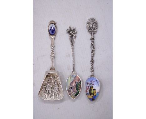 THREE CONTINENTAL SILVER TEASPOONS TO INCLUDE TWO ENAMEL EXAMPLES