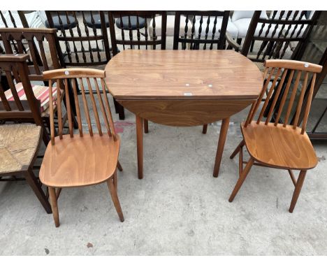 A DROP LEAF KITCHEN TABLE 36" DIAMETER WITH TWO ERCOL STYLE CHAIRS