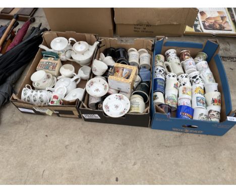 THREE BOXES OF VARIOUS CUPS, SAUCERS, TEAPOTS, ETC