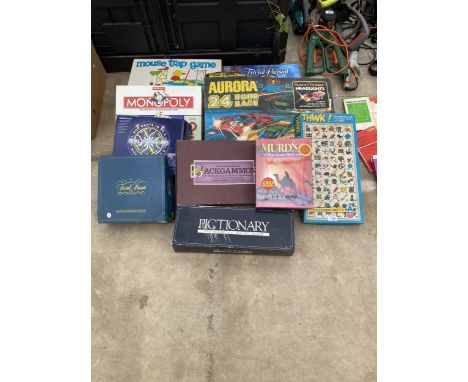 A LARGE ASSORTMENT OF BOARD GAMES TO INCLUDE MOUSE TRAP GAME, THWK, MONOPOLY, ETC