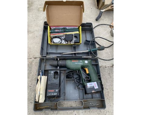 TWO BOSCH ITEMS TO INCLUDE A BATTERY DRILL WITH BATTERY AND CHARGER IN CARRY CASE AND A BOSCH SCREWDRIVER