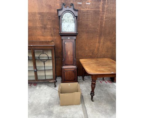 A 19TH CENTURY MAHOGANY AND CROSS BANDED 8 DAY LONGCASE CLOCK BY THOS YATES, LANE END, WITH ENAMEL  ROLLING DIAL AND PAINTED 