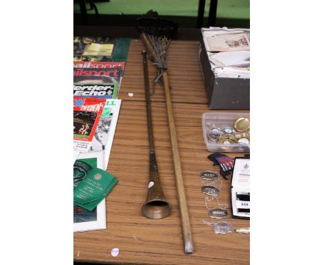 A VINTAGE COACHING HORN AND LACROSSE STICK