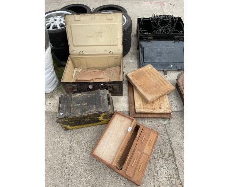 TWO SMALL WOODEN CHESTS, A VINTAGE TIN TRUNK AND AN ASSORTMENT OF WOOD