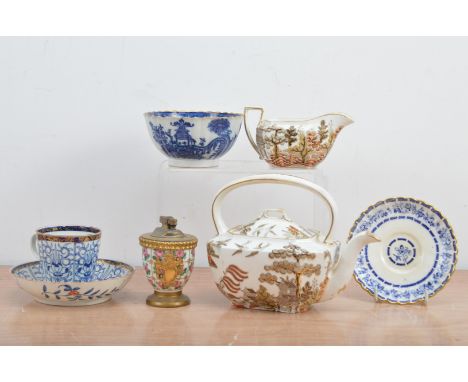A collection of 19th century and later ceramics, comprising a blue and white Liverpool Pearlware dish with heightened gilt, a