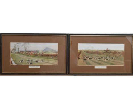 Three hunting prints, all framed, glazed and mounted, two small examples, 26.5cm x 42.5cm, and a larger example 61cm x 77cm (