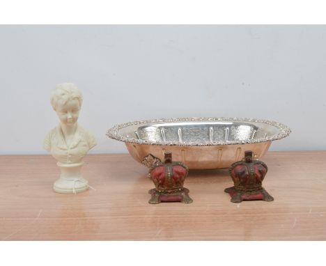 A Garrard &amp; Co. silver plate dish,  raised on lion paw feet 35cm wide, together with two coronation money banks and a sma