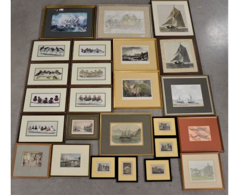 A large collection of framed works, including seven prints of birds, book plates of St Andres, Tintagel Castle, etc, Australi