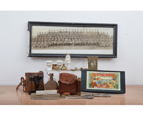 A mixed lot of collectables, comprising a large WWI era regimental photo, a pair of binoculars, box camera, set no.1 of Weneb