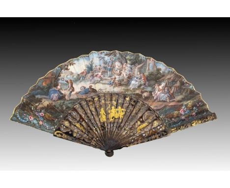 A mid 18th century fan, French circa 1760, the double paper leaf painted with groups of lovers, each suitor offering roses to