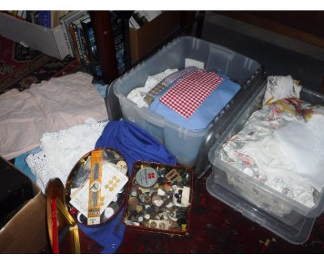 A QUANTITY OF VINTAGE TEXTILES AND HABERDASHERY SUNDRIES (2 boxes)