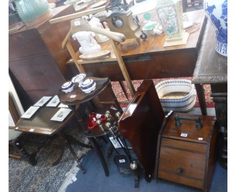 A BEECHWOOD GENTLEMAN'S DRESSING STAND, a folding bed tray, a set of 'Ironbridge' fire tools and other small items 