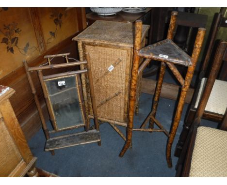 A VICTORIAN BAMBOO BEDSIDE CUPBOARD, 14.5" wide, a bamboo framed wall mirror with shelf and a similar jardiniere stand