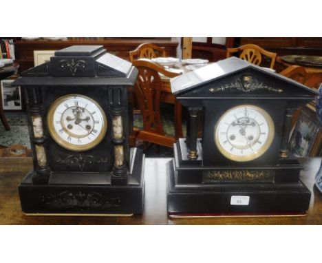 A 19TH CENTURY SLATE CASED MANTEL CLOCK OF ARCHITECTURAL FORM and another similar, both with visible escapement (both pendulu