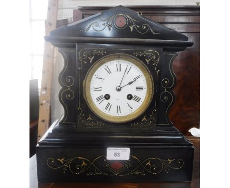 A 19TH CENTURY SLATE CASED MANTEL CLOCK (key and pendulum in office)