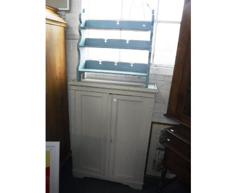 A 19TH CENTURY PAINTED PINE CUPBOARD, 30" wide and a hanging wall shelf