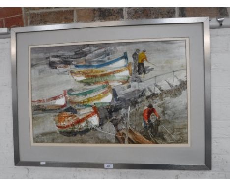 F DONALD BLAKE: Fishing boats and fishermen on shore, possibly a print with some over-painting