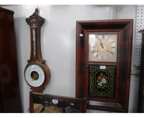 A 19TH CENTURY AMERICAN 'O.G' WALL CLOCK with painted glass panel and an oak cased dial barometer (2)