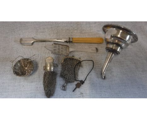 A SILVER PLATED STILTON SCOOP with slide, a silver on copper wine funnel, a hallmarked  silver chain link chatelaine  purse a