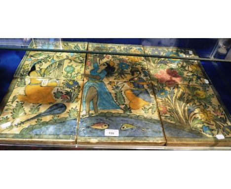 A SIX PART PERSIAN CERAMIC TILE PICTURE, depicting a woman in an exotic garden